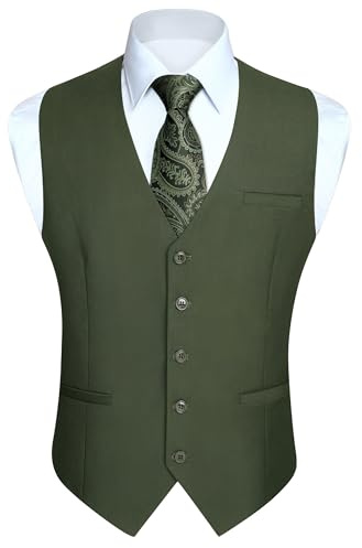 Hisdern Men's Formal Party Wedding Business Cotton Waistcoat Solid Color Vest , Army Green, 4XL(Chest 54.8 inch)