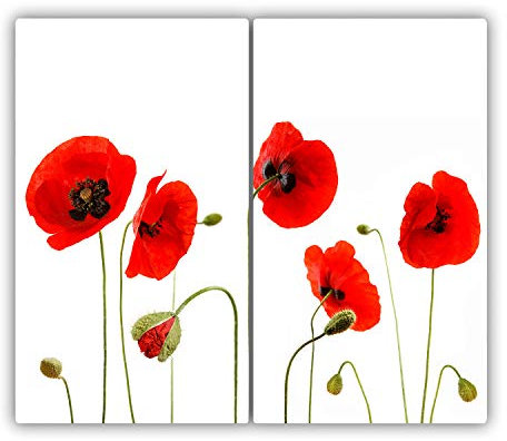 Tulup Planche À Découper - 2x30x52cm - Protection Plaque Induction Cuisson Tapis de Découpe Verre Trempé - Coquelicots