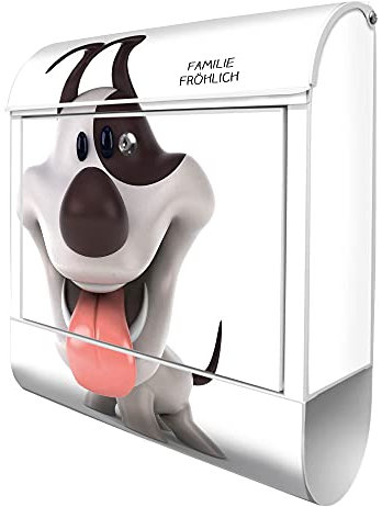banjado® Design Briefkasten personalisiert mit Comic-Hund 38,5x46,5x13cm & 2 Schlüssel - Briefkasten Stahl weiß mit Zeitungsfach pulverbeschichtet - Postkasten A4 Einwurf inkl. Montagematerial