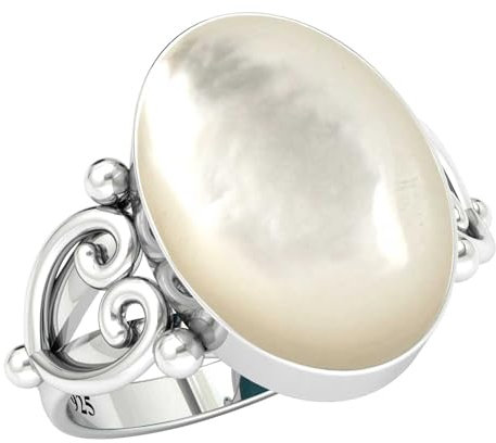 Jeweloporium Silberring aus weißem Perlmutt, Größe 70 (22,3), 925er Sterlingsilberring für Damen, echter ovaler Stein, handgefertigter Schmuck