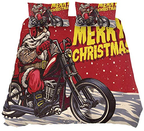 Eslifey Senior Biker Wear Santa Claus Costume Riding Chopper Motor 3 Piece Bedding Set Bedroom Decoration Duvet Cover Comforter with Two Pillowslips