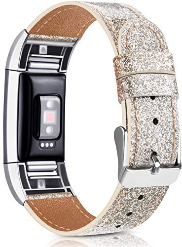 Wanme Bracelet en cuir pour Fitbit Charge 2, classique réglable avec connecteurs métalliques pour Fitbit Charge 2 (07 Flash Champagne Or, 14 cm - 20,6 cm)