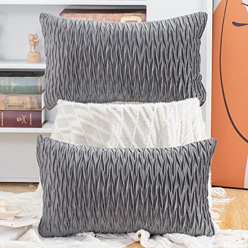 Madizz 2er Set Samt Dekorativ Zierkissenbezüge Luxus Stil Kissenbezug für Sofa für Schlafzimmer Grau 30x50 cm Rechteckigig