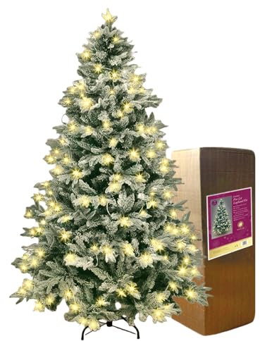 SHATCHI Pre-Lit Artificial Christmas Tree Lapland Fir-LED Lights, Snow Flocked PE/PVC Tips, Snowy Bushy Hinged Branches, Metal Stand for Xmas Home Decorations, Warm White, 210cm