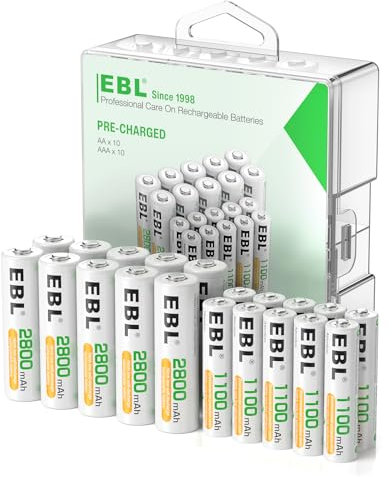 EBL Kit 10PCS AA et 10PCS AAA Piles Rechargeables, 1,2V AA/HR6 2800mAh et AAA/HR03 1100mAh Ni-MH Piles Rechargeables, Haute Comptabilité avec Boîte de Stockage Durable (20 Pièces)
