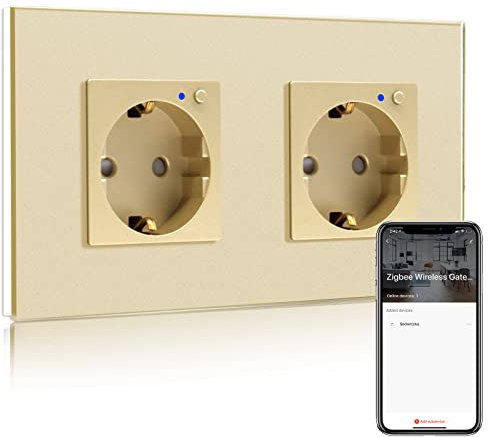 BSEED Zigbee Enchufe de Pared Doble,Schuko Enchufe inteligente Compatible con Alexa y Google Home,Control de APP y Función de Temporizador,protección de contacto,16A Zigbee Oro