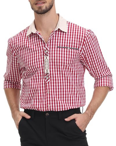 LVCBL Herren Karriert Trachtenhemden Freizeithemden Karohemden Plaid Oberteil Oktoberfest Rot M