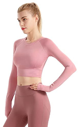 Hanyomo Femmes Fitness sans Soudure Manches Longues Haut de la Page Formation Yoga Gymnase Courir Trou du Pouce Chemise Rose M
