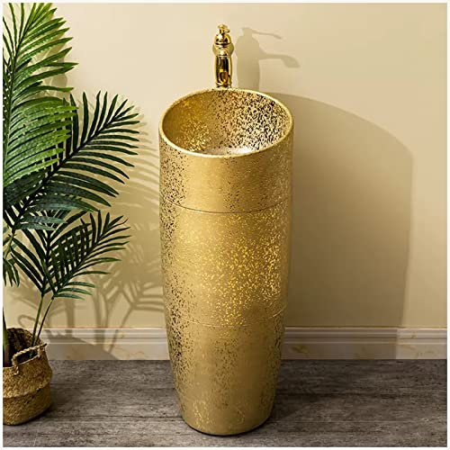 ZTGL Lavandino A Colonna da Esterno Ceramiche Moderno, Colonna Gold Lavandino su Piedistallo, Lavabo Colonna Freestanding Bagno Set Rubinetto e Scarico 82 x 33 Cm