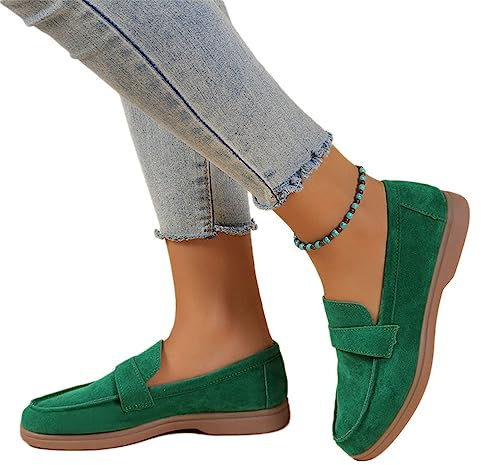 Onsoyours Damen Wildleder Loafers Flache Lässige Schuhe Freizeitschuhe Slip on Round Toe Wanderschuhe Bequeme Halbschuhe Sommer Bootsschuhe Atmungsaktiv Mokassins Slippers A Grün 38 EU