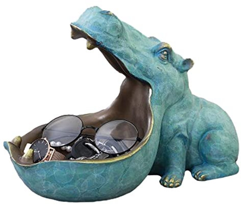 Obelunrp Hippo Statues, 30cm/11.8inch Resin Hippopotamus Key Bowl Ornament, Funny Big Mouth Hippo Sculpture, Candy Dish, Sundries Container for Desktop (Blue)