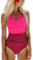 CUPSHE Damen Badeanzug High Neck Bauchweg Raffungen Strandmode Farbblock Zierausschnitt Einteilige Bademode Swimsuit Rot/Neon-Pink XL