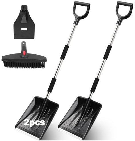 3 in 1 Schneeschaufel Set, 2X Schaufelblatt, Rotierende Bürste und Schaber, 110cm Schneeschaufeln für Haushalte, abnehmbares drehbares Spatenschaufel für Camping,Garten,Auto