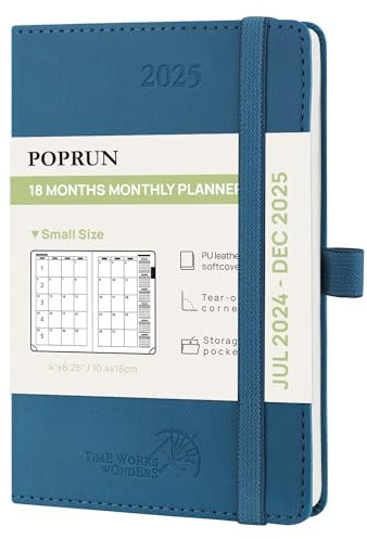 POPRUN Monatskalender 2025, A6 (16 x 10,5 cm), Pocket (18 Monate: 24. Juli – Dez'25), Monatsplaner, Softcover, klein, 24/25 Tagebuch, Sonntagsbeginn (Night Sky Blue)