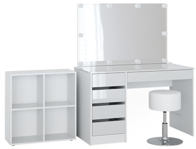 Vicco Schminktisch Sherry, Weiß Hochglanz/Weiß, cm 4 Teile, mit Standregal, Spiegel, Hocker, LED