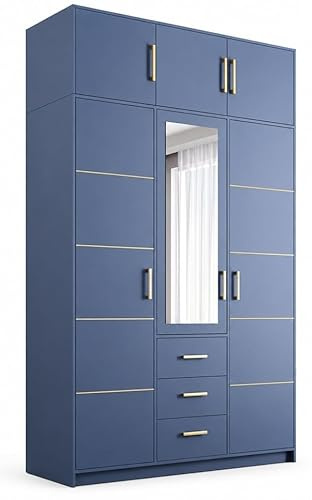 Generisch Kleiderschrank Bali II D3 – Garderobenschrank mit Spiegel, Regal & Kleiderstange, moderner Schlafzimmer Schrank (Blau + Erweiterung)