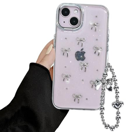 Reownest Compatible with iPhone 13 Case iPhone 14 Case Glitter Clear Cute Bow knot Ribbon Aesthetic Pattern Luxury Design Women Girls Soft TPU Bumper Camera Lens Protection Phone Case +Chain