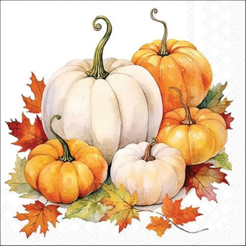 20 Servietten Herbst Große Kürbisse an Blätter als Tischdeko. Papierservietten mit Motiv. Auch für Decoupage und Serviettentechnik 33x33cm