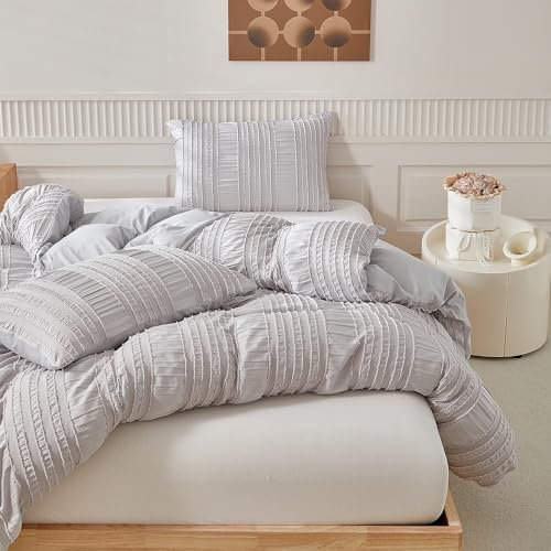 Luofanfei Bettwäsche 135x200 Grau Hellgrau Uni Boho Wende Bettwäsche Set Microfaser Stickerei Shabby Chic Geometrisches Muster Bohemian Bettbezug 135x200 und Kissenbezug 80x80 cm mit Reißverschluss