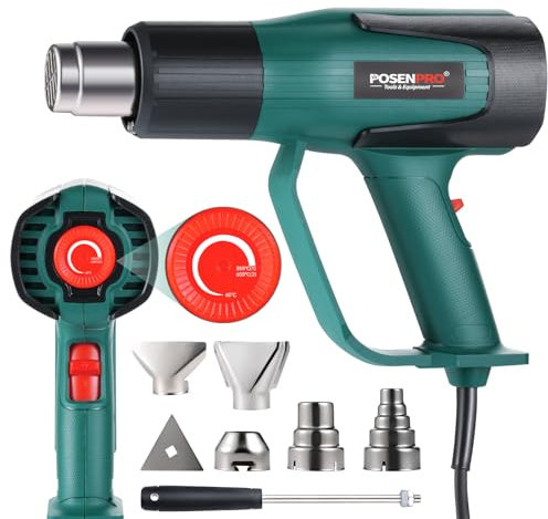 POSENPRO Pistola ad Aria Calda Professionale, Pistola Termica 2000W, 60℃- 600℃ Temperatura Regolabile, Protezione da Sovratensione, Termosoffiatore Elettrica con 7 Accessori