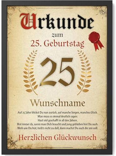 Papierschmiede® Personalisierte Urkunde zum 25. Geburtstag Geschenk Frauen Männer 25 Jahre Geburtstagskarte Geburtstagsgeschenk 25. Geburtstag personalisierbar Geburtstagsurkunde Jahrgang 2000