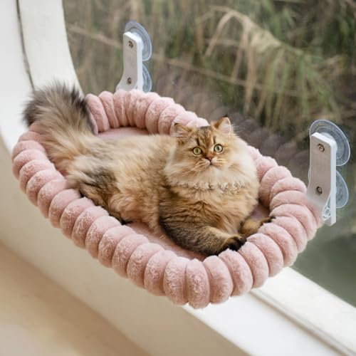 MEWOOFUN Plüsch Katzen hängematte Fenster mit abnehmbarem wendbarem Bezug – weicher Katzen fensterliege mit verdicktem Stahlrahmen, katzenbett Fenster mit 4 Saugnäpfen Stabiler Halt bis 18kg, Rosa