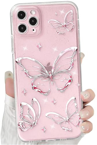 NITITOP Compatible with iPhone 11 Pro Max Case Cute Clear Glitter Butterfly Design Sparkly Bling Shiny Star Trendy Girls Women Soft Slim Anti-Yellow TPU Shockproof Protective Phone Cover - Pink