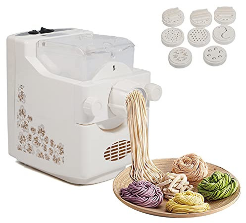 Qussse 180W Elektrische Nudelmaschine Vollautomatisch Pastamaker Profi Pasta Machine mit 9 Formscheiben, 500g Kapazität, für Teigtaschen Spaghetti Fettuccine und Penne, Weiß