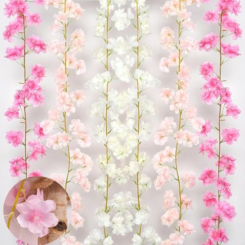 3 Stück Künstliche kirschblüten deko Blumenranke, 180cm kirschblüten blumengirlande, Künstliche Blumen Girlande, Sakura deko für Party Hochzeit Deko Outdoor und Indoor (Weiß, Rosa, Dunkelrosa)