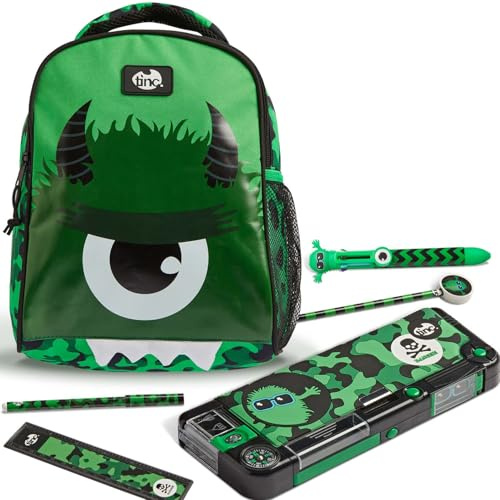 Tinc Kids Backpack School Bag + Compartment Pencil Case + Multicolour Ballpoint Pen | Adjustable Straps + Bottle Holder | for School, Home, Boys & Girls | Hugga, Camo Green
