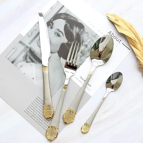 Mäander Besteck Set 6 Personen 24 Teilig Gold Besteckset Edelstahl Essbesteck Spiegelpoliert mit Messer Gabel Löffel Teelöffel,Spülmaschinenfest