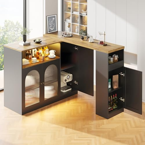 LAKFEW Bartisch mit Stauraum, Kücheninsel mit LED-Licht und Glasschranktür, Sideboard Küche Barschrank,Küchenmöbel, 198×39.6×97 cm, Schwarz