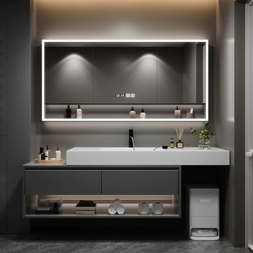 Set di mobili da bagno con lavandino e specchio LED nero, 110 cm, mobiletto da bagno moderno con illuminazione