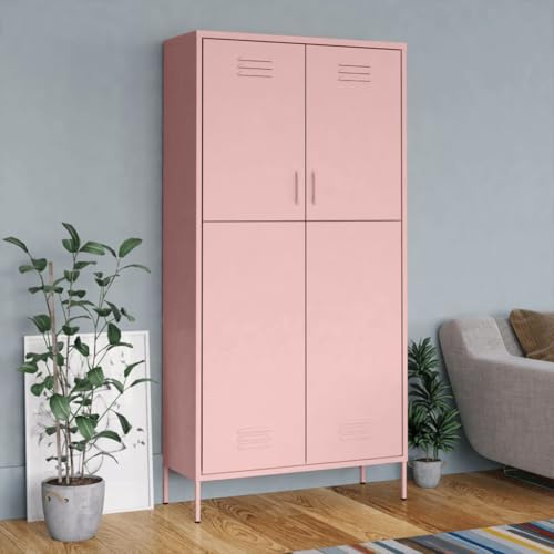 Mokuyary Kleiderschrank mit Regalen, Schlafzimmerschrank, Aufbewahrung, Rosa, 90 x 50 x 180 cm, Stahl