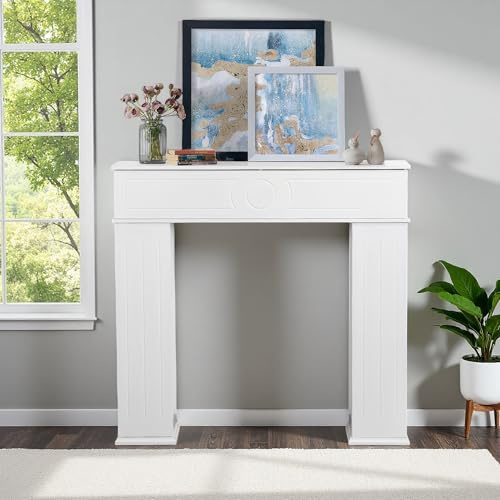 HFASD Kaminschrank, Dekorative Konsole Kaminumrandung mit Ablagen, Kaminattrappe Schrank, Kaminkonsole mit DREI Türen, Wohnzimmer Beistellmöbel, Weiß, 107x18x100 cm
