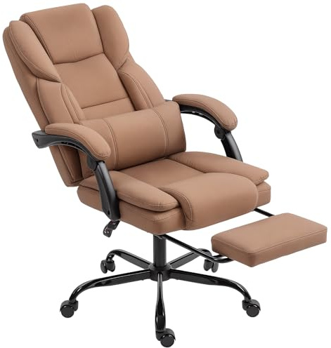 HOMCOM Chaise Bureau Ergonomique, Fauteuil de Bureau avec Dossier inclinable, Hauteur réglable, Soutien Lombaire, Repose-Pieds et pivotant à 360°, Cuir synthétique Doux pour Les Animaux, Marron