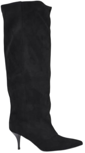 Stivale Alto Slouchy camoscio Nero Donna Linea Basic con Tacco a Spillo Kitten 5 cm Gambale Over a Punta Zip (36 EU)