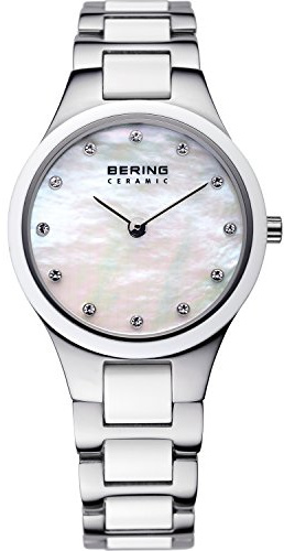 BERING Damen Quarz Uhr | Armbanduhr 27 mm silbernes Edelstahlgehäuse und weißes Zifferblatt | Edelstahlband mit Keramikelementen | 5 ATM | 32327-701