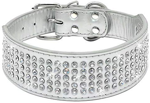Berry Hundehalsband, 5,1 cm breit, mit 5 Reihen Strasssteine, PU-Leder, Glitzer-Haustier-Halsband
