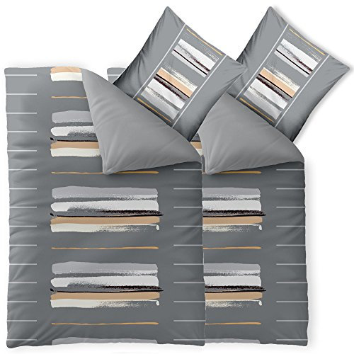 aqua-textil Trend Bettwäsche 155x220 cm 4tlg. Baumwolle Bettbezug Hanaa Streifen Grau Weiß Beige
