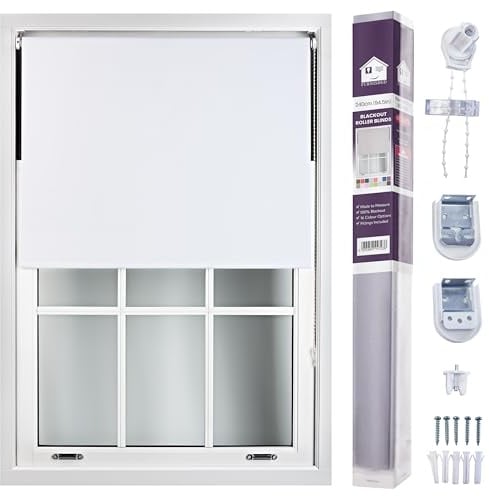 FURNISHED Roller Blinds Window Blackout Blind - 100% Black Out Thermal Fabric Easy Fit Fittings - Custom Made to Measure Blackout Blind Bedroom Bathroom Kitchen, White, Up to 240W x 210H cm