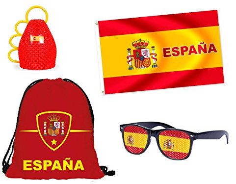 Alsino EM Fanartikel Spanien 4-teilig FP-23 Fanartikel Fussball Fanset Länder Flagge Caxirola