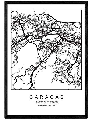 Nacnic Carte Art de la ville Caracas Nordic Style en noir et blanc. Affiche A3 Taille encadrée avec du papier noir imprimé 250 gr. Photos, draps et affiches pour salon et chambre à coucher