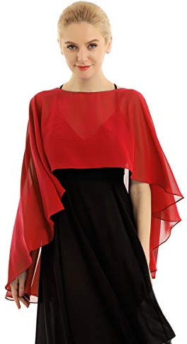 inlzdz Damen Chiffon Braut Hochzeit Capes Elegant Bolero Jacke Leichter Poncho Cardigan Tops Stola Schal zu jedem Brautkleid Abendkleid Rot One Size