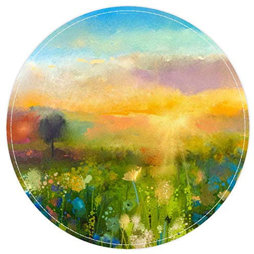 EZIOLY Gemälde Blumen Pusteblume Gänseblümchen Sonnenuntergang rutschfest abwaschbar Runde Fläche Teppich Badteppich für Wohnzimmer Schlafzimmer Küche Baby Spielzimmer 40 x 40 cm