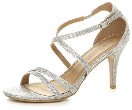 Ajvani Womens Ladies mid high Heel Strappy Crossover Wedding Sandals Shoes, Silver Shimmer Glitter, 4 UK