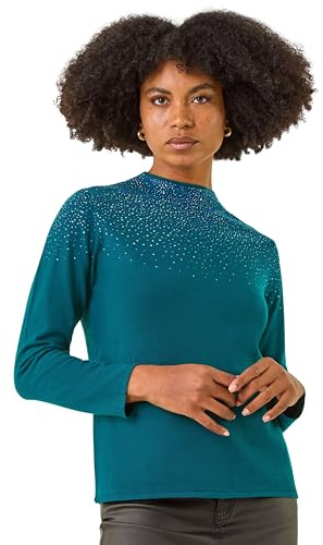 Roman Originals Diamante Sequin Jumper for Women UK Ladies Sparkly Glitter Sweater Embellished Smart Casual Autumn Winter High Neck Knitwear Knitted Pullover - Dark Green - Size 12