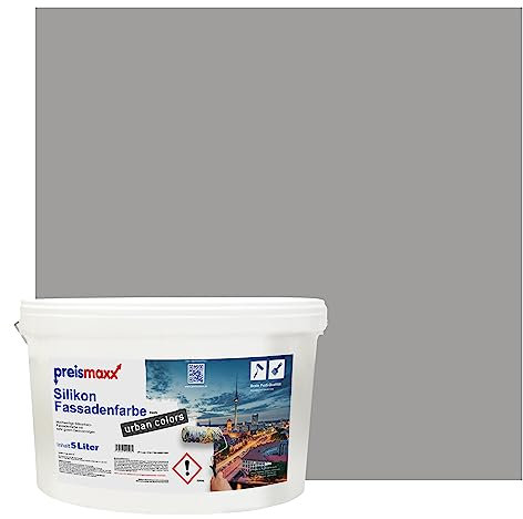 Preismaxx Silikonharz Fassadenfarbe, Wolfsgrau Grau 5L hochwertige, matte, wasserabweisende Aussen-Dispersion, sehr guter Regenschutz - Abperleffekt