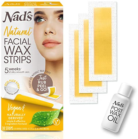 Nad's Natural Facial Wax Strips - Facial Hair Removal For Women, Face Wax Strips, Includes 30 Vegan Waxing Strips + Post Wax Oil