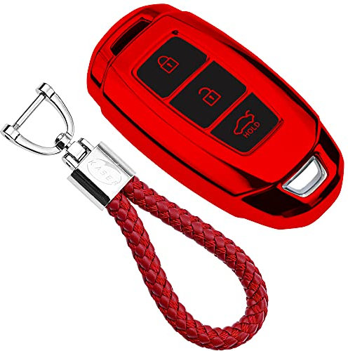 KASER Autoschlüssel Hülle kompatibel für Hyundai Keyless Cover TPU Silikon Hochglanz Schutzhülle Schlüsselhülle Fernbedienung Kona i10 i30 ioniq Tucson Santa Fe Schlüsselbund (Rot)